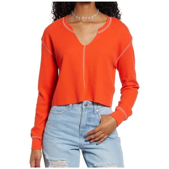 BP NEW Women's Orange Fiesta Cropped Knit Long Sleeve Henley Sz XS Oversize Fall - Picture 1 of 5